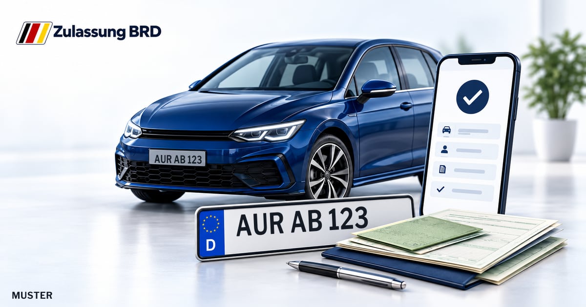Online Fahrzeugzulassung in Wiesmoor: Musterkennzeichen AUR AB 123, Auto und Fahrzeugpapiere und Smartphone. Illustration mit Logo von Zulassung BRD.
